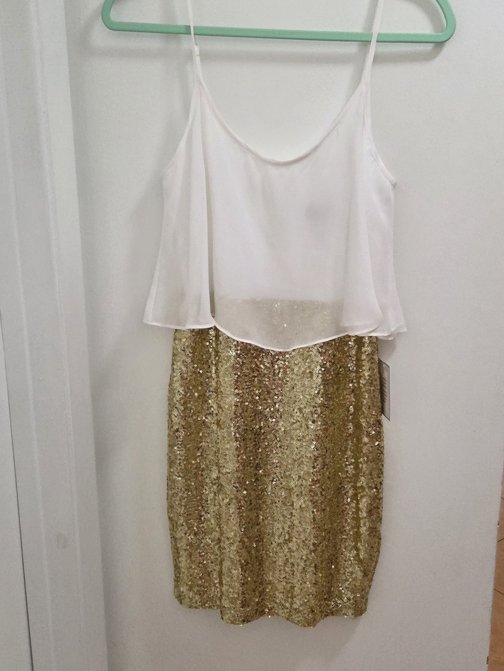 B. Darlin Dress (Gold Sequin Pencil Skirt with White Chiffon Overlay), Girls 7/8